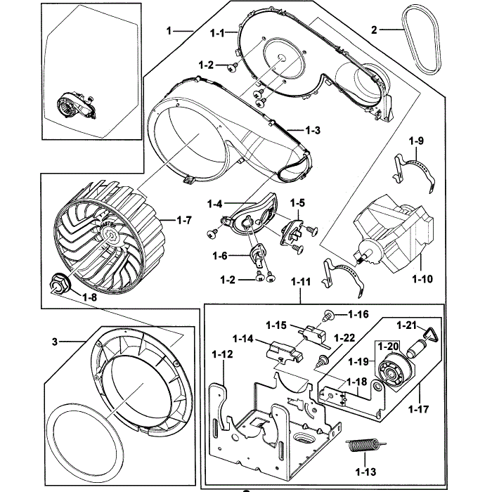 Motor Assembly Diagram and Parts List for DV209AGW XAA-00 Samsung Dryer