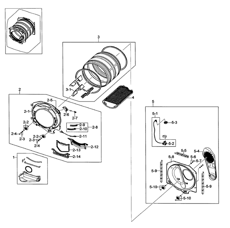 Drum Assy Diagram and Parts List for DV419AEU XAA-0001 Samsung Dryer
