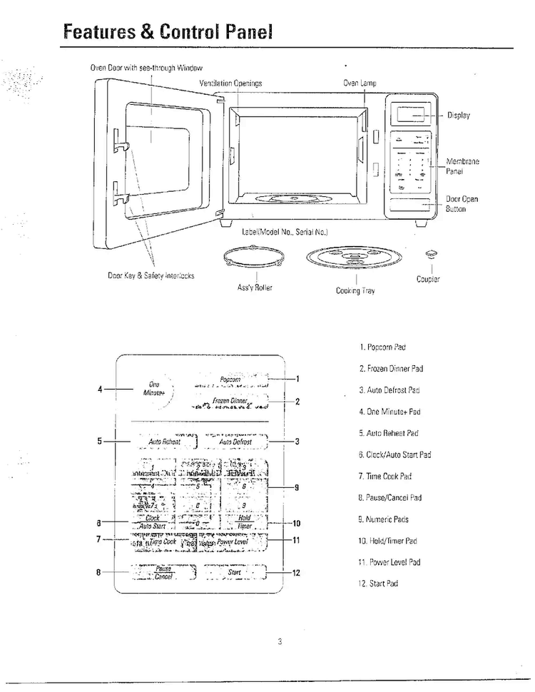 Features And Control Panel Diagram and Parts List for MW3580T XAA Samsung Microwave