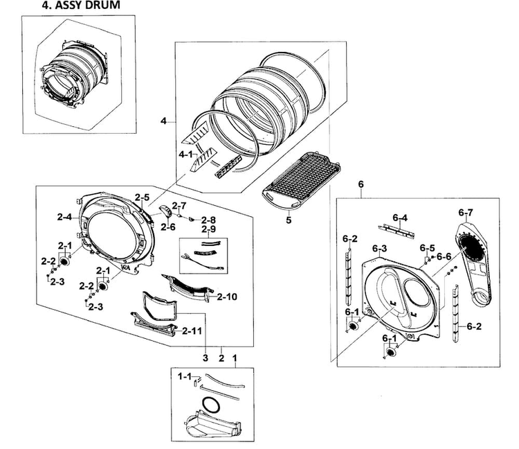 Drum Assy Diagram and Parts List for DV218AEW XAA-0001 Samsung Dryer