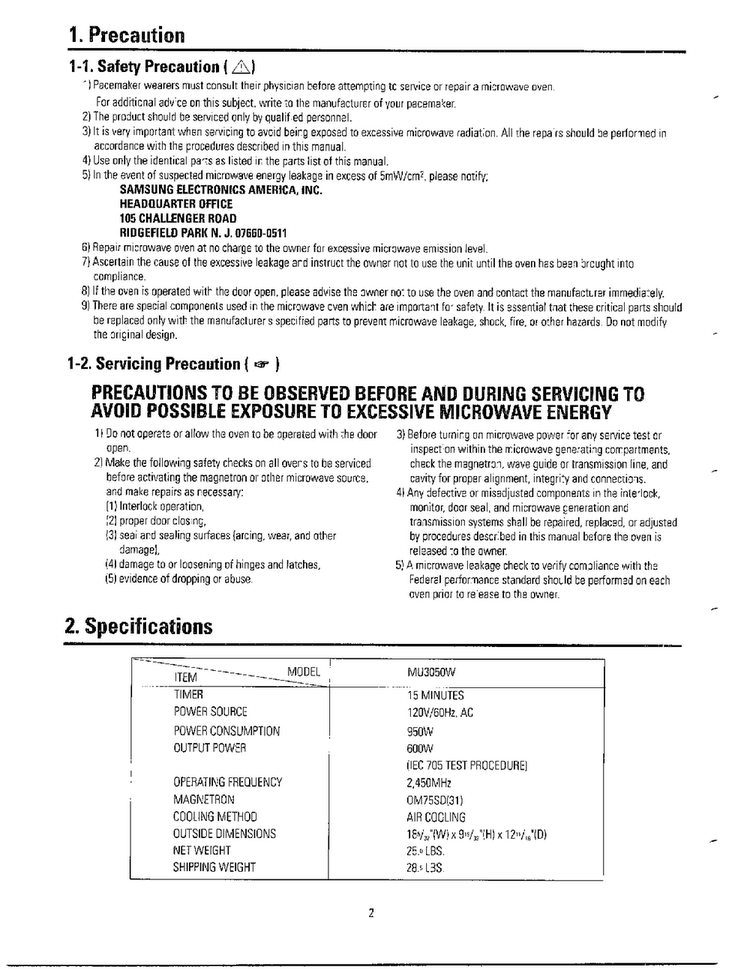 Precaution/specifications Diagram and Parts List for MW3050W XAA Samsung Microwave