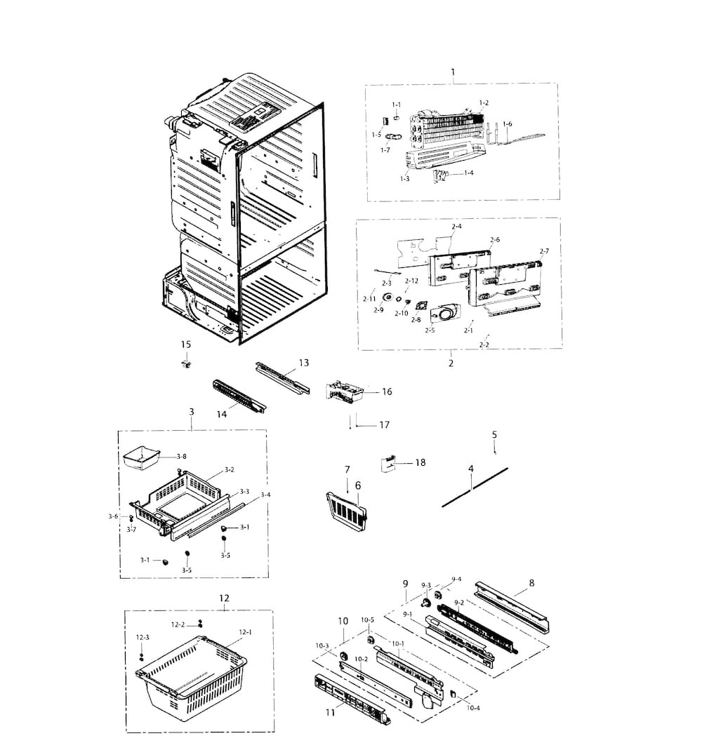 Freezer Diagram and Parts List for RF220NCTASR AA-0001 Samsung Refrigerator