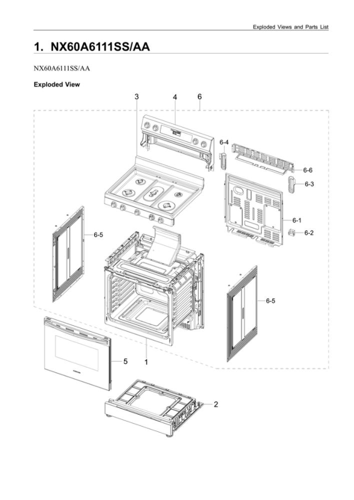Main Assembly Diagram and Parts List for NX60A6111SS AA-00 Samsung Range