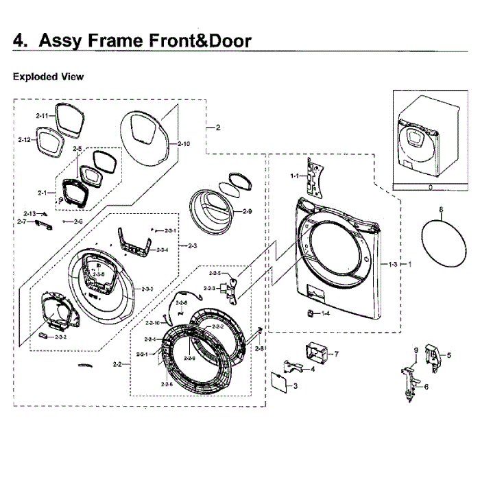 Frame Front And Door Diagram and Parts List for WF50K7500AV A2-11 Samsung Washer