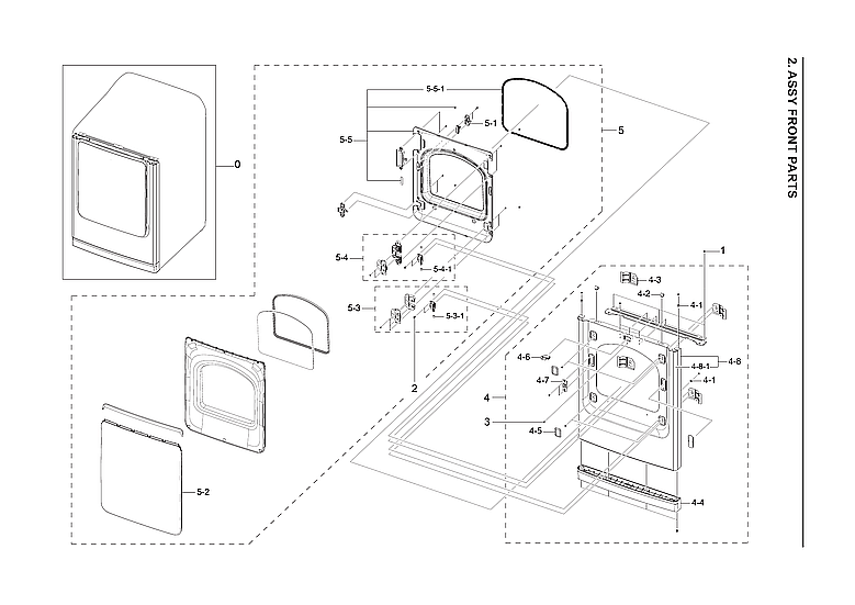 Front Assembly Diagram and Parts List for DVE52A5500C A3-00 Samsung Dryer