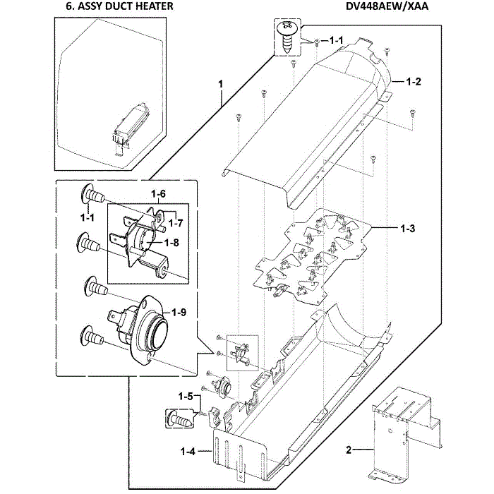 Heater Assembly Diagram and Parts List for DV448AEW XAA-00 Samsung Dryer