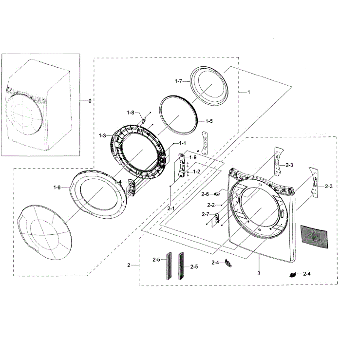 Frame Front And Door Diagram and Parts List for DV50K7500GV A3-01 Samsung Dryer