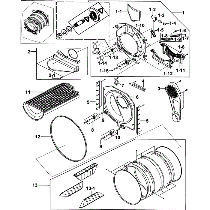 Drum Assembly Diagram and Parts List for DV316LGW XAA-00 Samsung Dryer