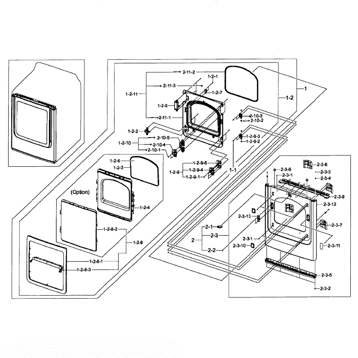 Front / Door Assembly Diagram and Parts List for DV50F9A8EVW A2-01 Samsung Dryer