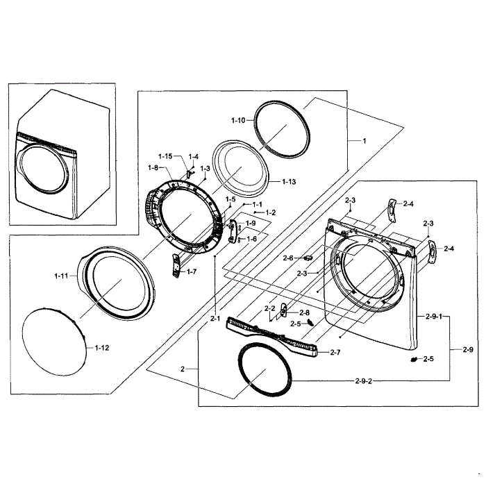 Front / Door Assembly Diagram and Parts List for DV405ETPASU AA-00 Samsung Dryer