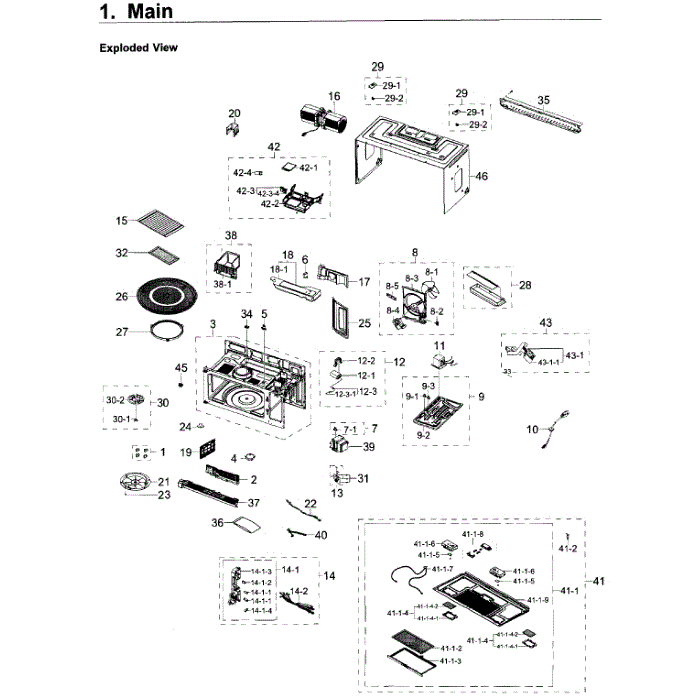 Main Assembly Diagram and Parts List for ME21K6000AS AA-00 Samsung Microwave Oven Combo