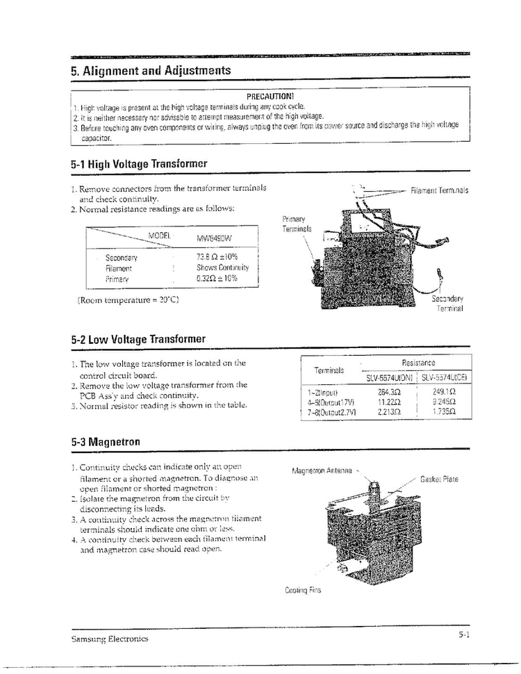 Alignment/adjustments Diagram and Parts List for MW8490W XAA Samsung Microwave