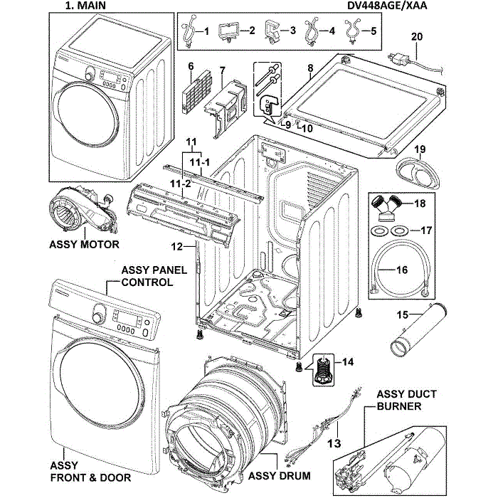 Main Assembly Diagram and Parts List for DV448AGE XAA-00 Samsung Dryer