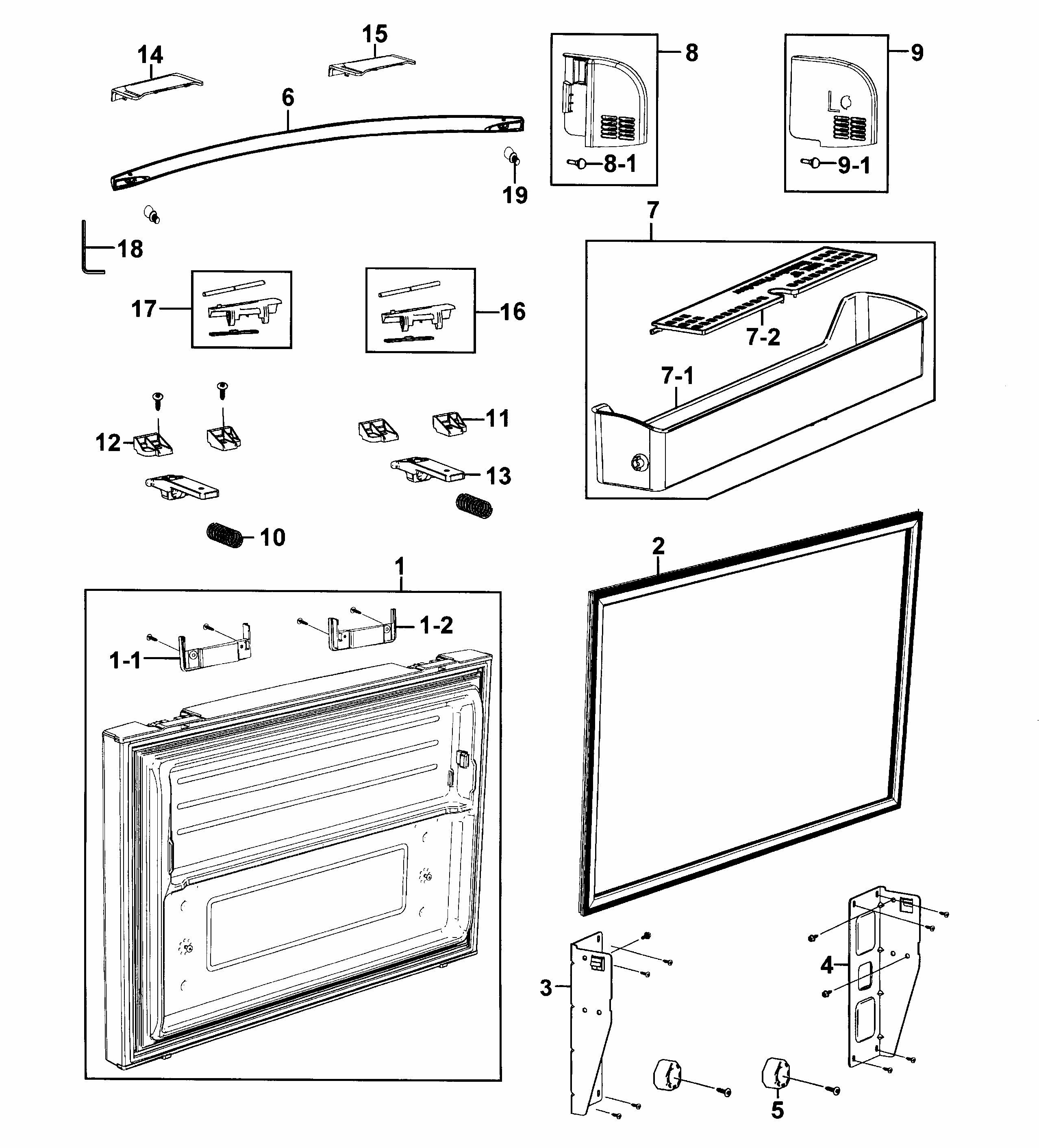 Freezer Door Diagram and Parts List for RF268ACRS XAA-0001 Samsung Refrigerator