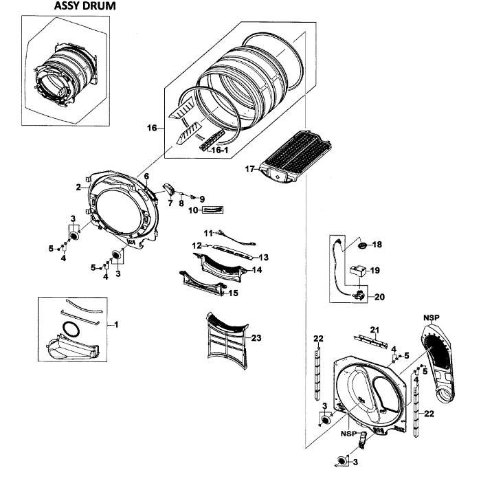 Drum Assembly Diagram and Parts List for DV520AEW XAA-01 Samsung Dryer