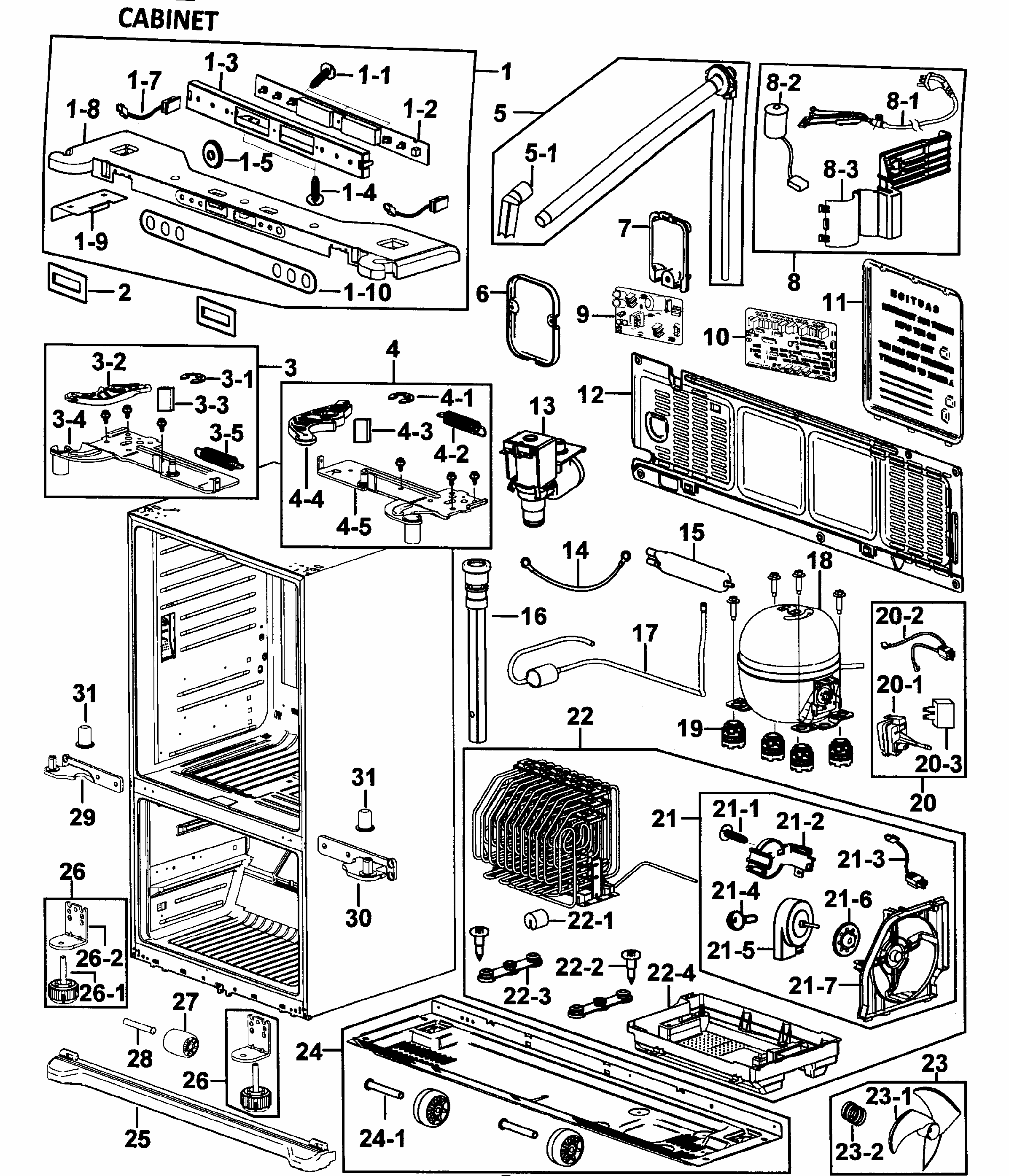 Cabinet Diagram and Parts List for RF265AASH XAA-0000 Samsung Refrigerator