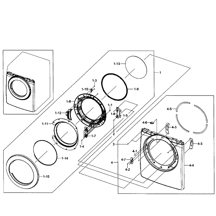 Front Assembly Diagram and Parts List for DV231AEW XAA-01 Samsung Dryer