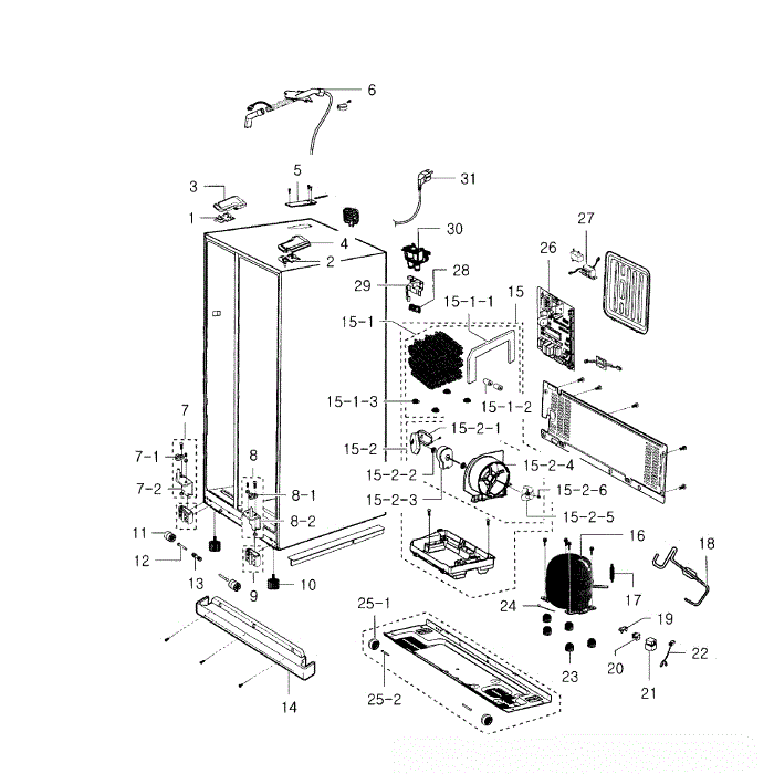 Cabinet Diagram and Parts List for RS2530BSH XAA-00 Samsung Refrigerator