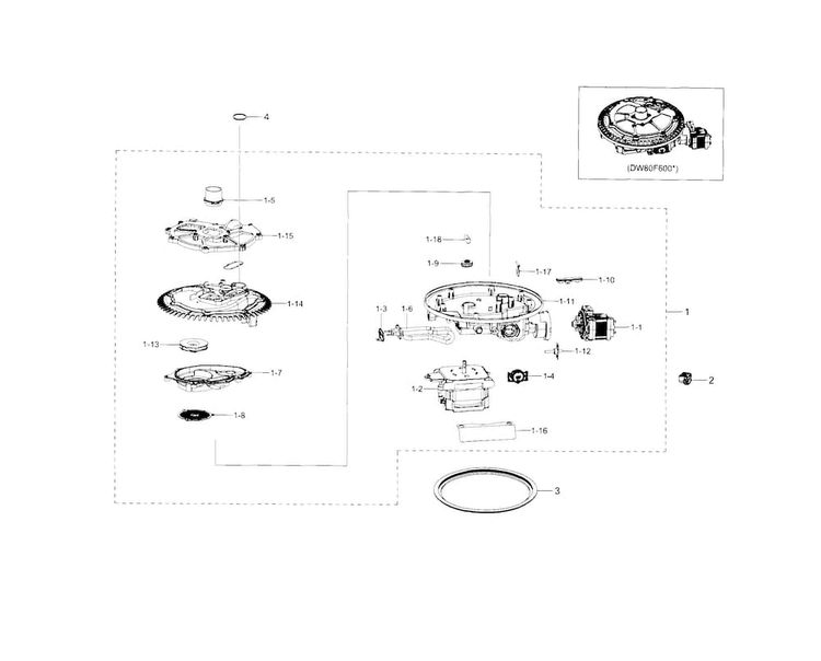 Sump Diagram and Parts List for DW80F600UTS AA-0001 Samsung Dishwasher