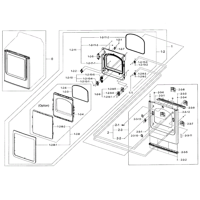 Frame Front And Door Diagram and Parts List for DV45H7000GW A2-01 Samsung Dryer