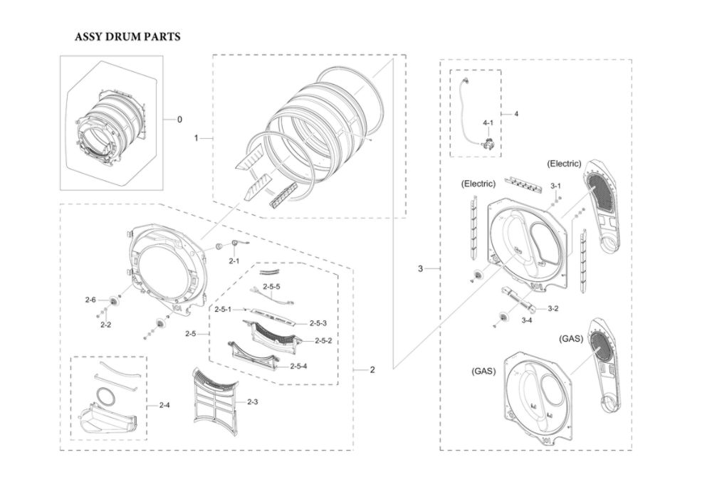 Drum Parts Assembly Diagram and Parts List for DVE50R8500W A3-00 Samsung Dryer