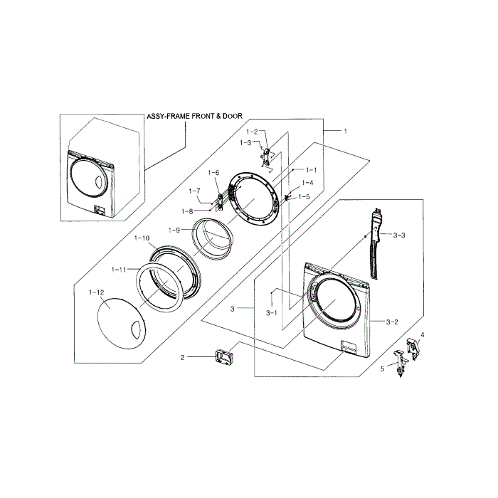 Frame Front And Door Diagram and Parts List for WF218ANB XAA-01 Samsung Washer