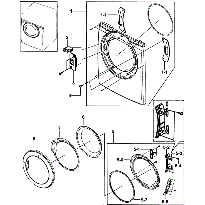 Door Assembly Diagram and Parts List for DV2C6BEW XAA-00 Samsung Dryer