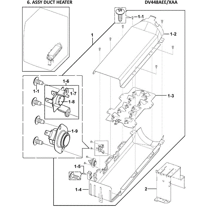 Heater Assembly Diagram and Parts List for DV448AEE XAA-00 Samsung Dryer