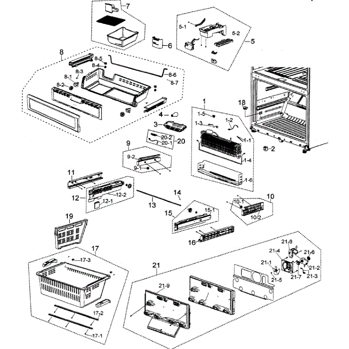 Freezer Diagram and Parts List for RF263AEWP XAA-00 Samsung Refrigerator