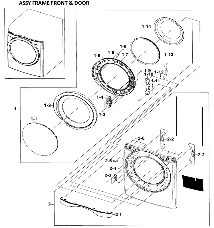 Front/door Assy Diagram and Parts List for DV520AEW XAA-0000 Samsung Dryer