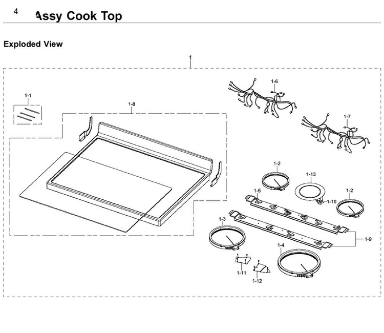 Cook Top Diagram and Parts List for NE59J3420SW AA-0006 Samsung Range