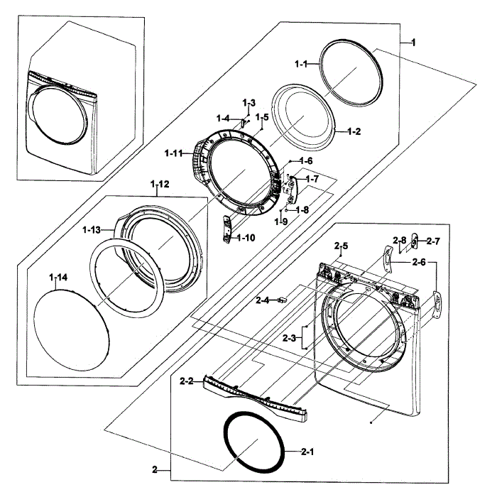 Front / Door Assembly Diagram and Parts List for DV419AGW XAA-01 Samsung Dryer