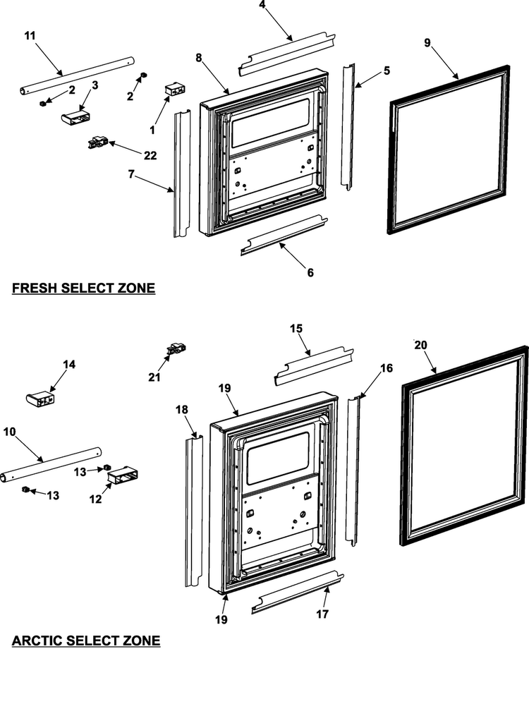 Arctic/fresh/select Zone Doors Diagram and Parts List for RM255BARB XAA Samsung Refrigerator
