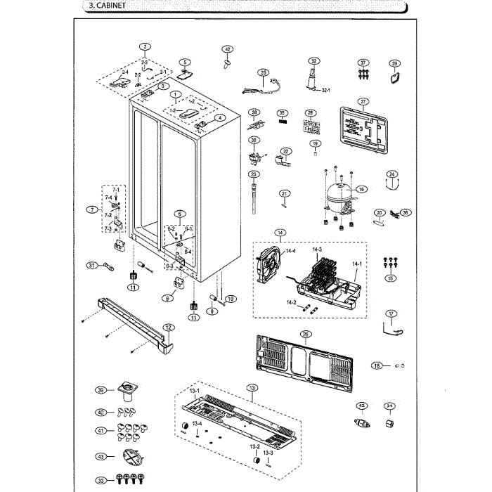 Cabinet Diagram and Parts List for RS25J500DSG AA-01 Samsung Refrigerator