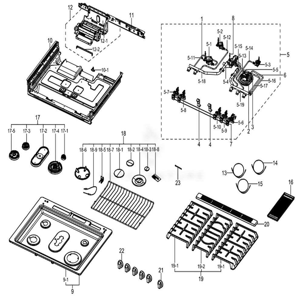Assembly Cook Top Diagram and Parts List for NX58K9850SG (AA)(0002) Samsung Range