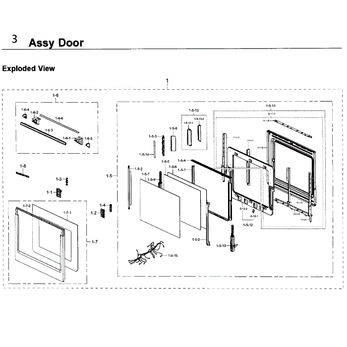 Door Diagram and Parts List for NV51K7770SG AA-00 Samsung Wall Oven