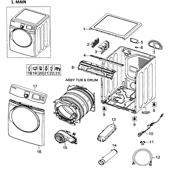 Main Assembly Diagram and Parts List for DV419AEW XAA-02 Samsung Dryer