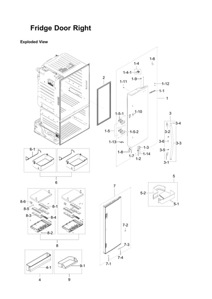 Right Refrigerator Door Parts Diagram and Parts List for RF23HTEDBSR AA-12 Samsung Refrigerator