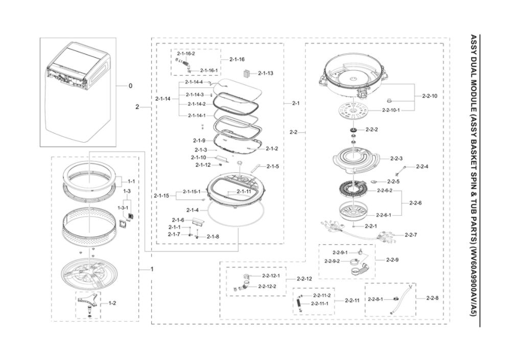 Basket Spin And Tub Assembly Diagram and Parts List for WV60A9900AV A5-00 Samsung Washer