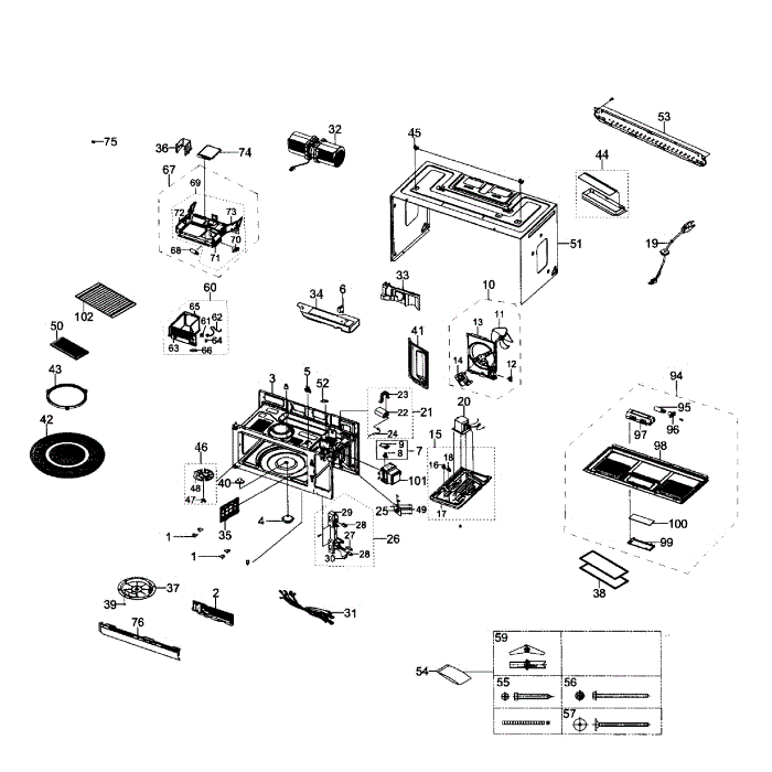 Main Assembly Diagram and Parts List for SMH1927B XAA-01 Samsung Microwave Oven Combo