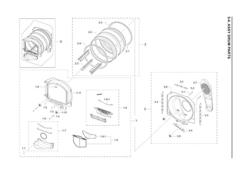 Drum Parts Assembly Diagram and Parts List for DVG45T3400W A3-00 Samsung Dryer