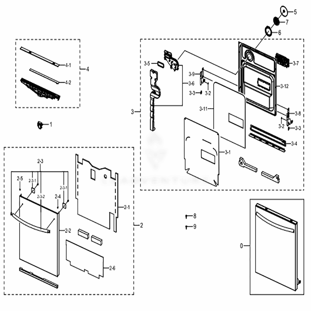 Assembly Door Diagram and Parts List for DW80K7050US (AA)(0003) Samsung Dishwasher