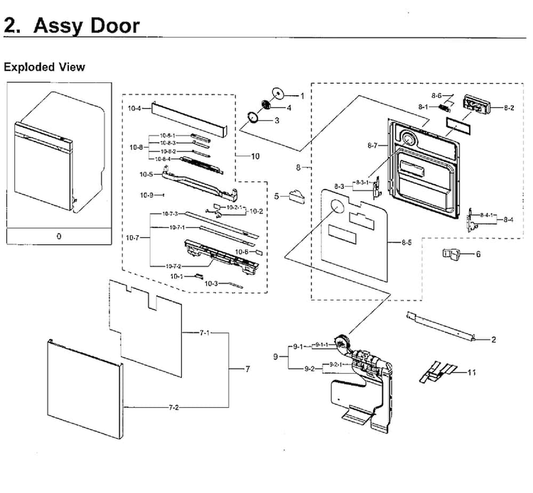 Door Diagram and Parts List for DW80H9930US AA-0001 Samsung Dishwasher