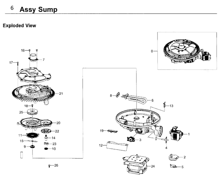 Sump Diagram and Parts List for DW80K5050UB AA-0000 Samsung Dishwasher