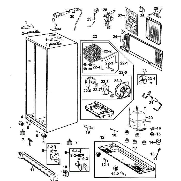Cabinet Diagram and Parts List for RS2630SH XAA-00 Samsung Refrigerator