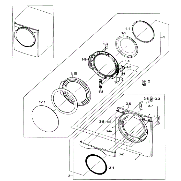 Front / Door Assembly Diagram and Parts List for DV448AGP XAA-02 Samsung Dryer