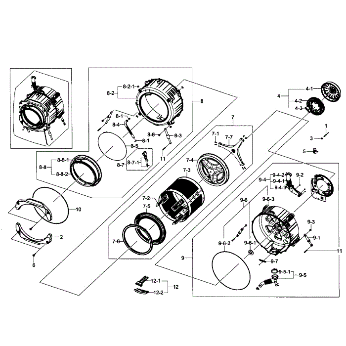 Tub / Drum Diagram and Parts List for WF365BTBGWR A1-01 Samsung Washer