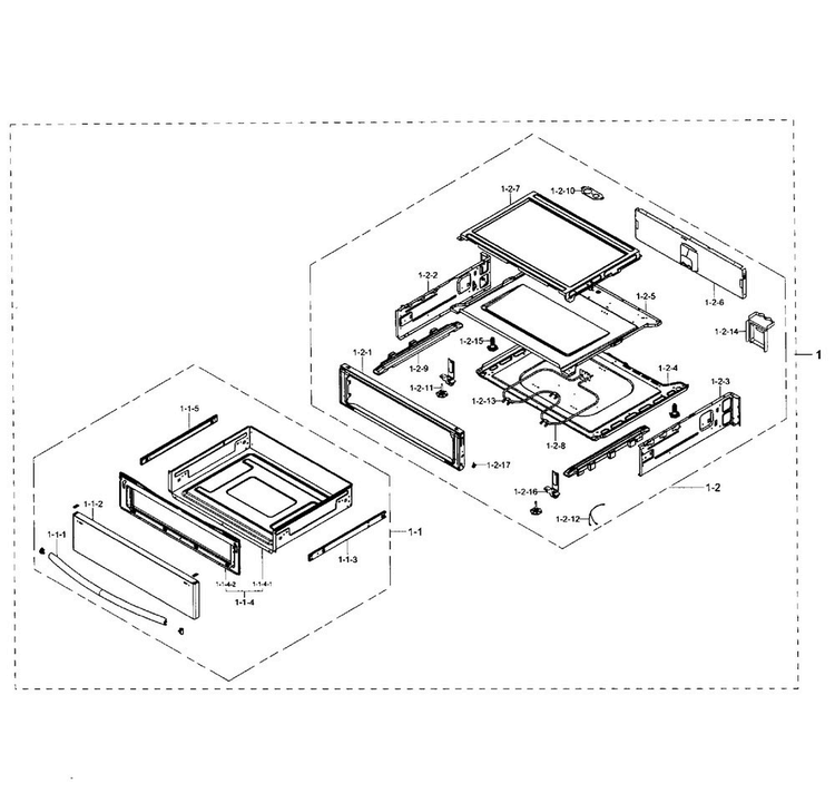 Drawer Section Diagram and Parts List for NE59J7850WS AA-0001 Samsung Range