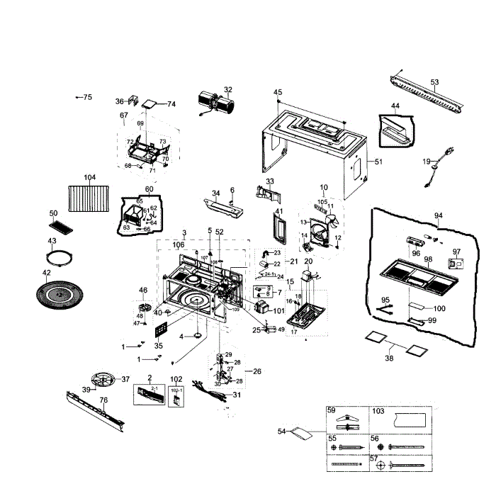 Main Assembly Diagram and Parts List for SMH1926B XAA-00 Samsung Microwave