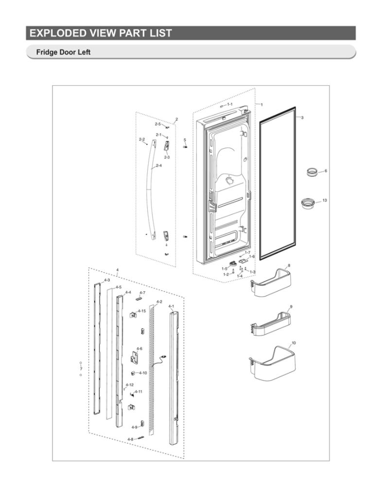 Left Refrigerator Door Diagram and Parts List for RF18HFENBSR US-52 Samsung Refrigerator
